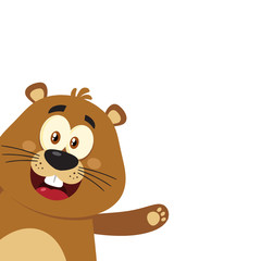 Fototapeta premium Cute Marmot Cartoon Mascot Character Waving From Corner. Illustration Flat Design Isolated On White Background