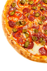 Part of delicious classic italian Burning Pizza with sausages, pepper, jalapeno sauce and cheese