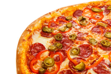 Part of delicious classic italian Burning Pizza with sausages, pepper, jalapeno sauce and cheese