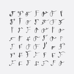 Vector set of calligraphic letters F, handwritten with pointed nib, decorated with flourishes and decorative elements. Isolated on grey black imperfect letters sequence. Various shapes collection.