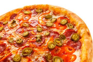 Part of delicious classic italian Burning Pizza with sausages, pepper, jalapeno sauce and cheese