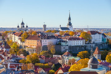 Fototapeta na wymiar Old town and Toompea hill with tower Pikk Hermann and Russian Orthodox Alexander Nevsky Cathedral and Dome Church, view from the tower of St. Olaf church, Tallinn, Estonia