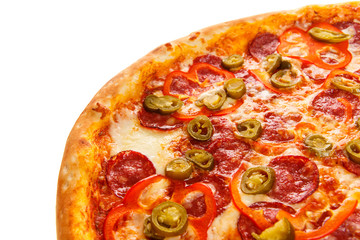 Part of delicious classic italian Burning Pizza with sausages, pepper, jalapeno sauce and cheese