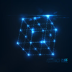 Neon cube in perspective with lens flare and glowing particles