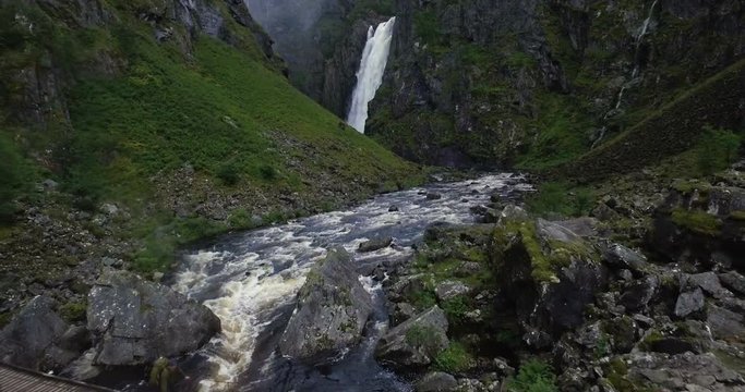 Drone shot of V&oslash;ringsfossen, Norway, bridge