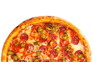 Half of delicious classic italian Burning Pizza with sausages, pepper, jalapeno sauce and cheese