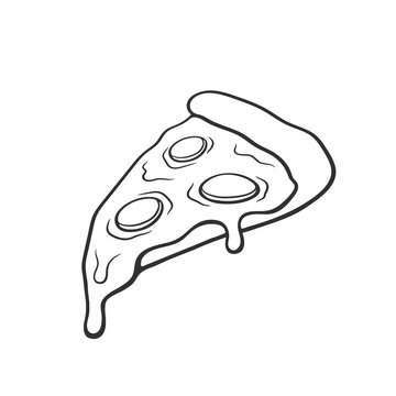 Vector illustration. Pizza slice with melted cheese and pepperoni. Hand drawn doodle. Cartoon sketch. Decoration for greeting cards, posters, emblems