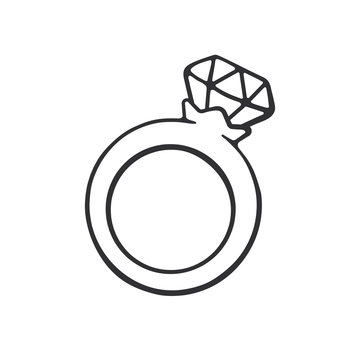 Vector illustration. Hand drawn doodle of ring with a diamond. Cartoon sketch. Decoration for greeting cards, posters, emblems