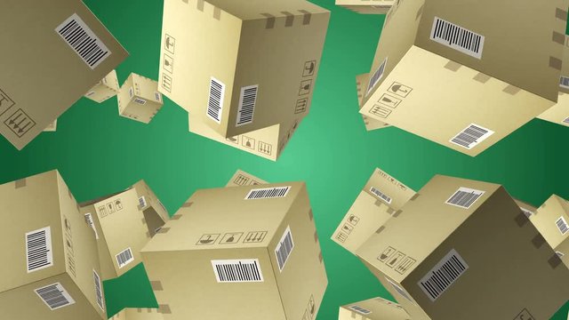 Falling and rotating cardboard boxes over green background seamless loop. Falling packages. hipping, logistics and retail goods delivery commercial business concept