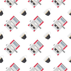Glass cups of espresso and coffee machine. Seamless pattern.