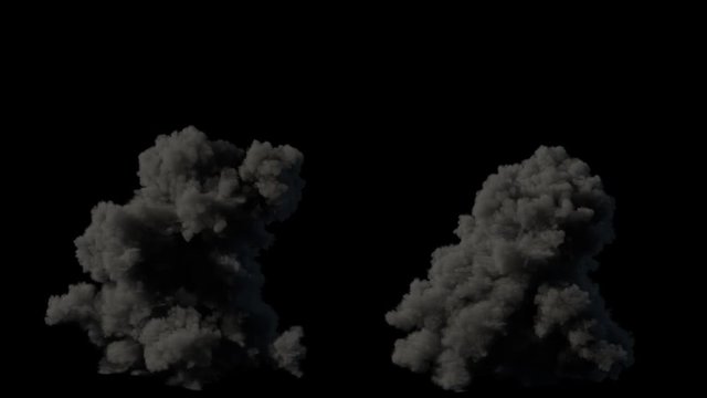 2 realistic fire blasts explosions with smoke in slow motion, impressive huge explosion , isolated on alpha channel with black and white matte, perfect for post-production, digital composition