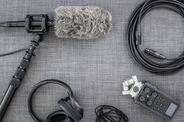 Overhead view of professional digital audio recording equipment and microphone. - 134773968
