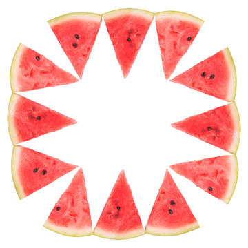 Frame of watermelon slices on white