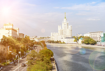 Fototapeta na wymiar Kotelnicheskaya embankment and Moscow river