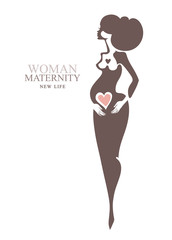 Maternity. Beautiful pregnant woman. Vector template idea for the logo.