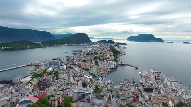 Aksla at the city of Alesund , Norway Aerial footage