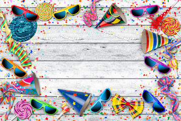 colorful party carnival birthday confetti background pattern with streamer sunglasses hat lolly pop...