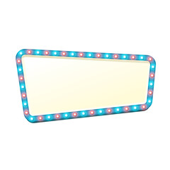 Blank 3d retro light banner with shining bulbs. Blue sign with blue and red lights and blank space for text. Vintage street signboard. Advertising frame with glow. Colorful vector illustration.