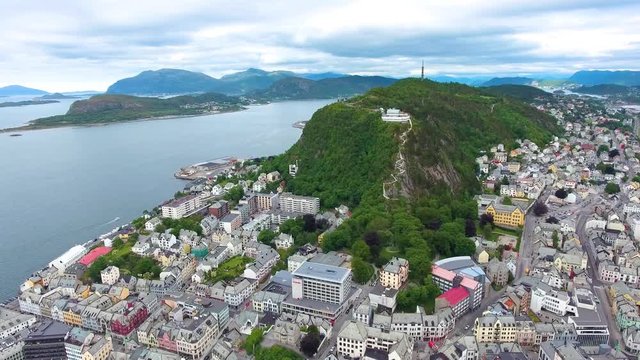 Aksla at the city of Alesund , Norway Aerial footage