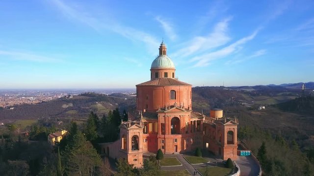 san luca church sanctuary aerial view flying over bologna italy