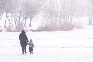 Fototapeta na wymiar Woman with child walking on snow