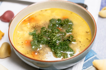 Hühner Nudelsuppe mit Karotten und Petersilie