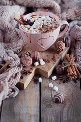 Christmas or New Year composition with hot chocolate or cocoa an