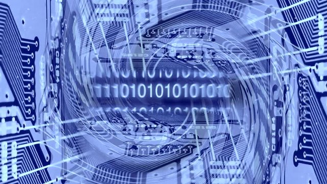 Binary code and computers. Track out from a computer circuit board pattern with binary code numbers passing across the center of the frame.