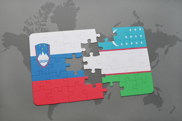 puzzle with the national flag of slovenia and uzbekistan on a world map