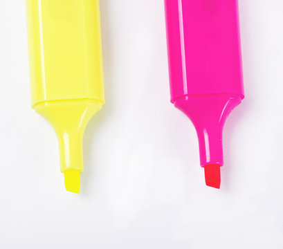 Yellow And Pink Highlight Pen On White Background. Isolated.