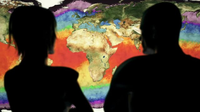 Woman and Man Watching Earth Water Surface Global Warming Simulation Cinematic Rack Focus 3D Animation