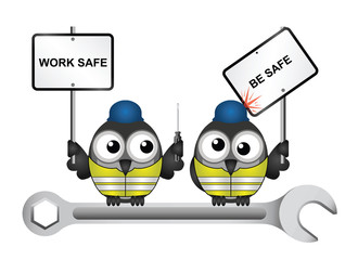 Comical construction workers with health and safety work safe be safe message perched on 
a spanner isolated on white background
