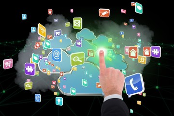 Composite image of businessman touching invisible screen 3d