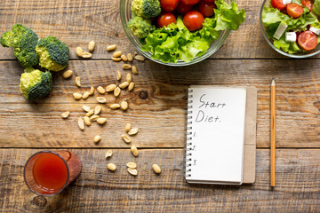 concept diet, slimming plan with vegetables top view mock up