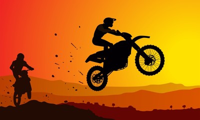 Motorcycle racers jumping from the top, sunset