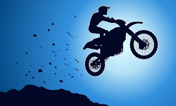 Motorcycle racer silhouette, jumping from the top