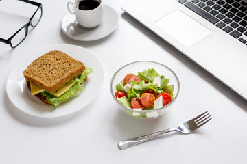 concept of lunch in officeat work top view