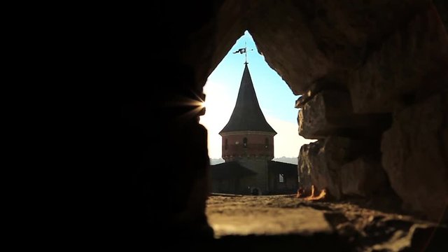 Slider shot of old Ruthenian-Lithuanian castle and later Polish fortress,located in historic city of Kamianets-Podilskyi,historic region of Podolia,Ukraine. National historical-architectural sanctuary