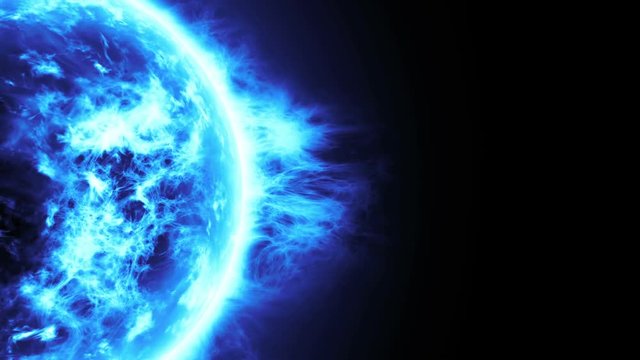 Blue Planet, frozen planet surface with blue flares, Burning of white and blue sun isolated on black. Highly realistic surface with space for your text or logo, full hd and 4k.