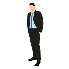 Business man standing in dark suit with hand in his pocket, isolated vector drawing, flat design icon