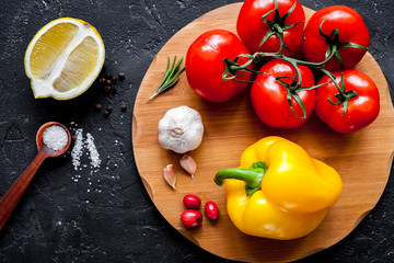 concept composing recipe on dark background top view