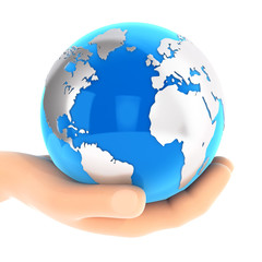 3d hand holding blue earth