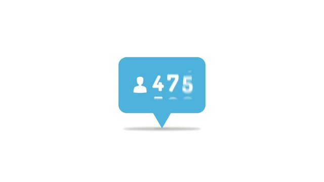 Animation in flat style with blue notification speech bubble with human silhouette counting number of followers to thousand 