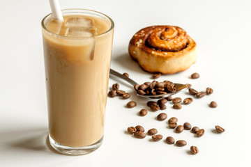 coffee with ice in glass on white background