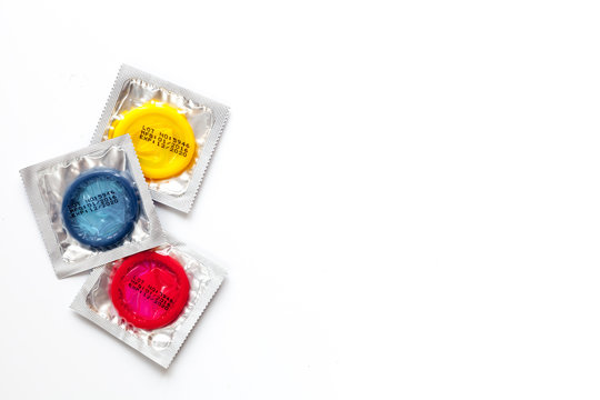 concept male contraception condom on white background top view
