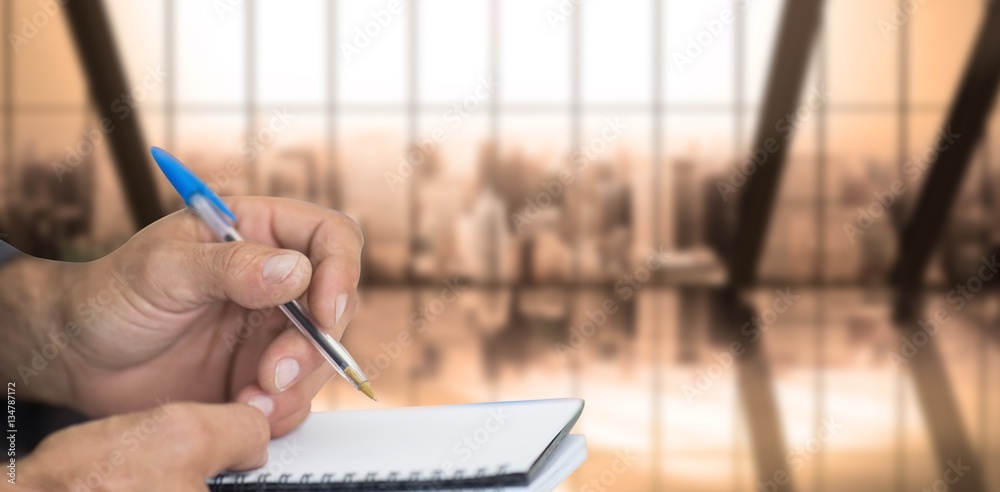 Poster composite image of close up of man writing in notepad