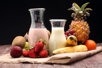 healthy food - Strawberry Banana smoothie or milkshake, nectarines, kiwi,