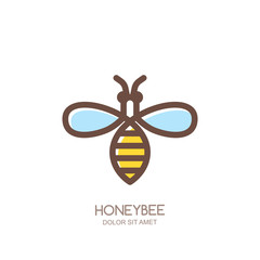 Outline honeybee logo, emblem or icon. Linear bee isolated on white background. Concept for organic honey package design.