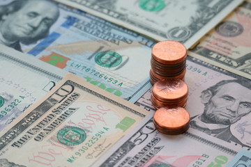 US dollar cash, banknote, coin stack background, finance concept