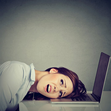 Desperate employee stressed woman resting head on laptop keyboard